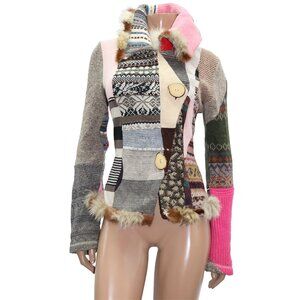 MycoAnna Artsy UNIQUE Patchwork Sweater with Fur Trim S